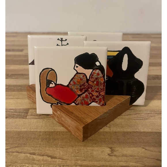 Hand Painted Art Tile Coasters Glazed Trivet With Wood Holder - Picture 1 of 8